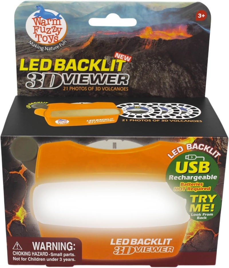 WARM FUZZY Toys LED Backlit 3D Viewer – (Volcanoes) – New 2025 USB-C Rechargeable Viewer for Kids & Adults Includes 3 Reels with 21 HD 3D Images – Patent-Pending Retro Toy, No Light Source Needed - Image 2